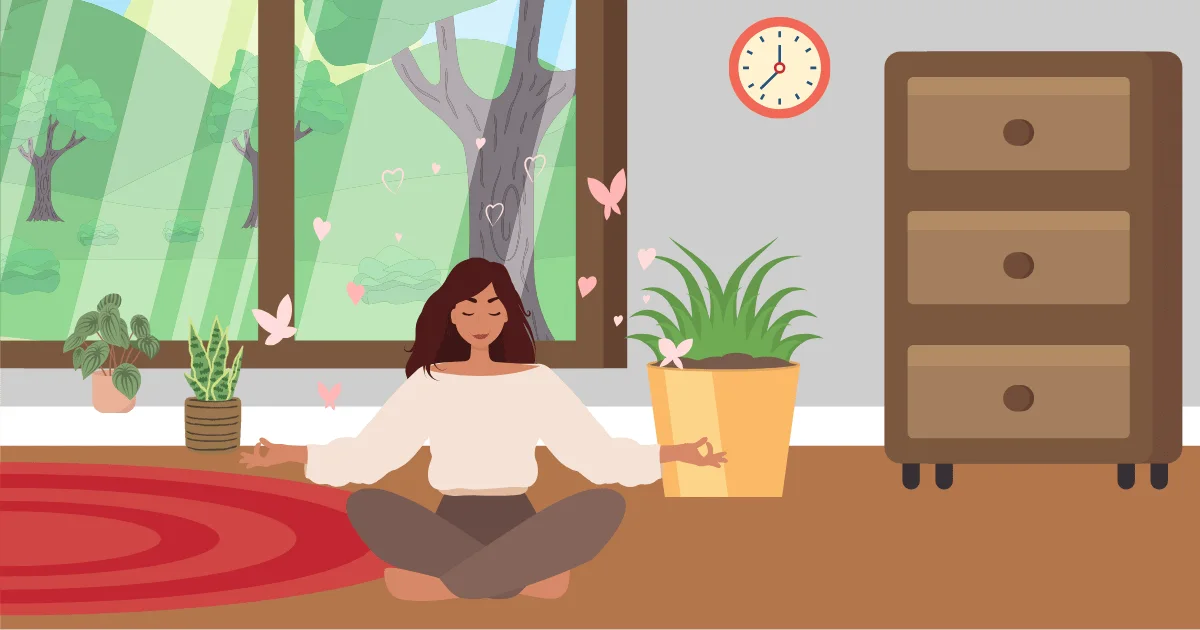 An illustration of a woman in the background practising relaxation